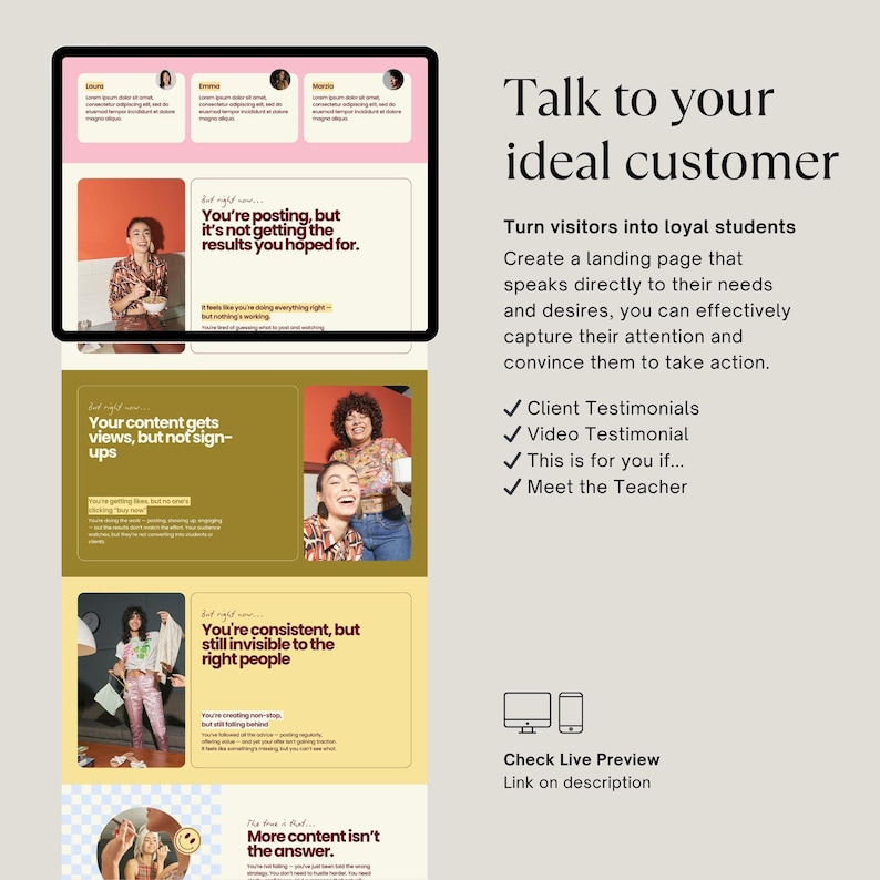 May include: A digital marketing presentation on a tablet with the text "Talk to your ideal customer." The presentation includes screenshots, testimonials, and the phrases "You're posting, but it's not getting the results you hoped for" and "Check Live Preview."