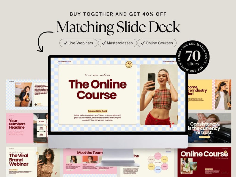 May include: A computer screen displays a presentation titled "The Online Course" with the text "Grow your audience." The presentation includes images and the text "Live Webinars," "Masterclasses," and "Online Courses."