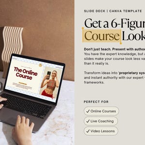 May include: A laptop displays a presentation titled "The Online Course" with an image of a person holding a phone. The text "Get a 6-Figure Course Look" is also visible. The image is a Canva template for online courses, live coaching, and video lessons.