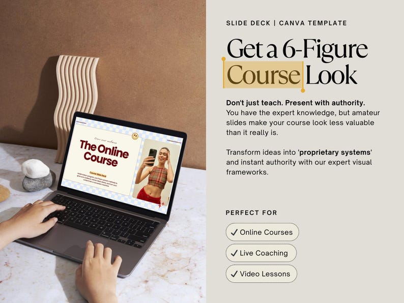 May include: A laptop displays a presentation titled "The Online Course" with an image of a person holding a phone. The text "Get a 6-Figure Course Look" is also visible. The image is a Canva template for online courses, live coaching, and video lessons.