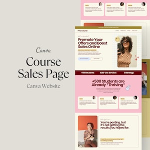 May include: A Canva course sales page design in pink and beige. The page promotes offers and boosts sales online. The design includes the text "+500 Students are Already *Thriving*" and "You're posting, but it's not getting the results you hoped for."