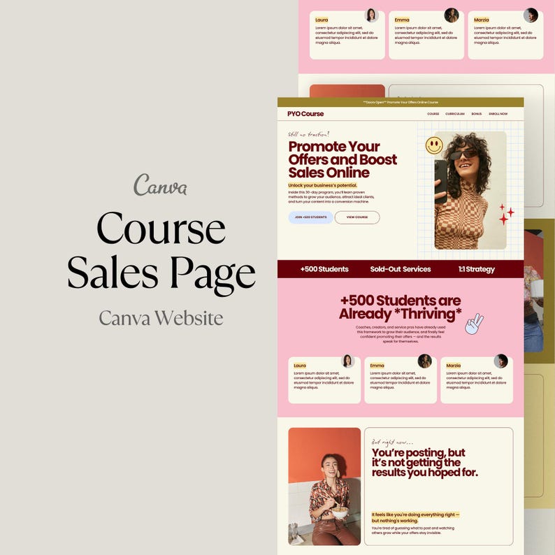 May include: A Canva course sales page design with a pink and beige color scheme. The page promotes offers and boosts sales online. The design includes the text "+500 Students are Already *Thriving*" and "You're posting, but it's not getting the results you hoped for."