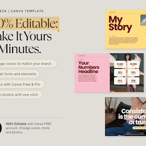 May include: A Canva template slide deck with the text "100% Editable: Make It Yours in Minutes." Features include changing colors, editing fonts, and swapping photos. Includes example slides with the text "My Story", "Your Numbers Headline", and "Consistency is the currency of trust."