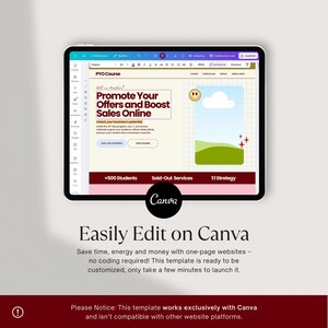 May include: A digital tablet displays a website template with the text "Promote Your Offers and Boost Sales Online." The Canva logo is visible. The template includes a smiling face icon, a landscape graphic, and the words "Easily Edit on Canva."