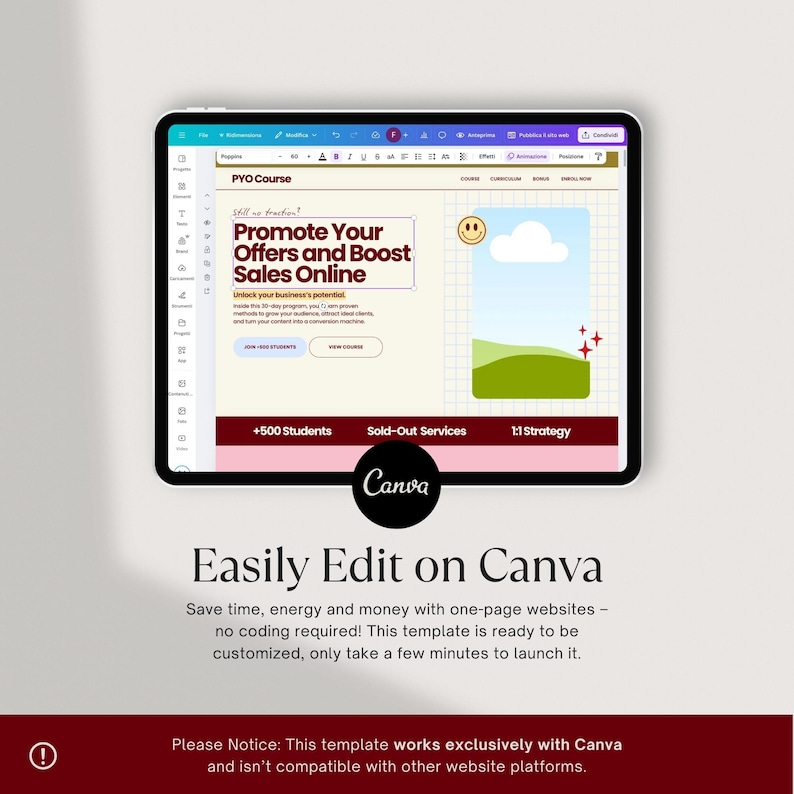 May include: A digital tablet displays a website template with the text "Promote Your Offers and Boost Sales Online." The Canva logo is visible. The template includes a smiling face icon, a landscape graphic, and the words "Easily Edit on Canva."