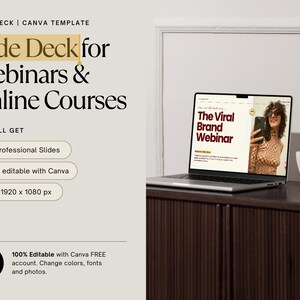 May include: A laptop displays a webinar titled "The Viral Brand Webinar." The image also features text: "Slide Deck for Webinars & Online Courses." Additional text highlights 70 professional slides, Canva editing, and a 1920 x 1080 px size.