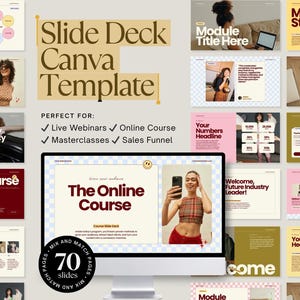 Può includere: Un modello di presentazione Canva digitale con vari layout. Lo schermo principale mostra il titolo "The Online Course". Il modello è progettato per webinar dal vivo, corsi online, masterclass e canalizzazioni di vendita. Include 70 diapositive.