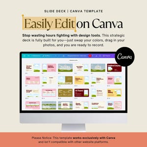 May include: A computer monitor displays a Canva template slide deck. The screen shows various slide designs with text that reads "Easily Edit on Canva." The Canva logo is visible. The text at the top says "Slide Deck | Canva Template."