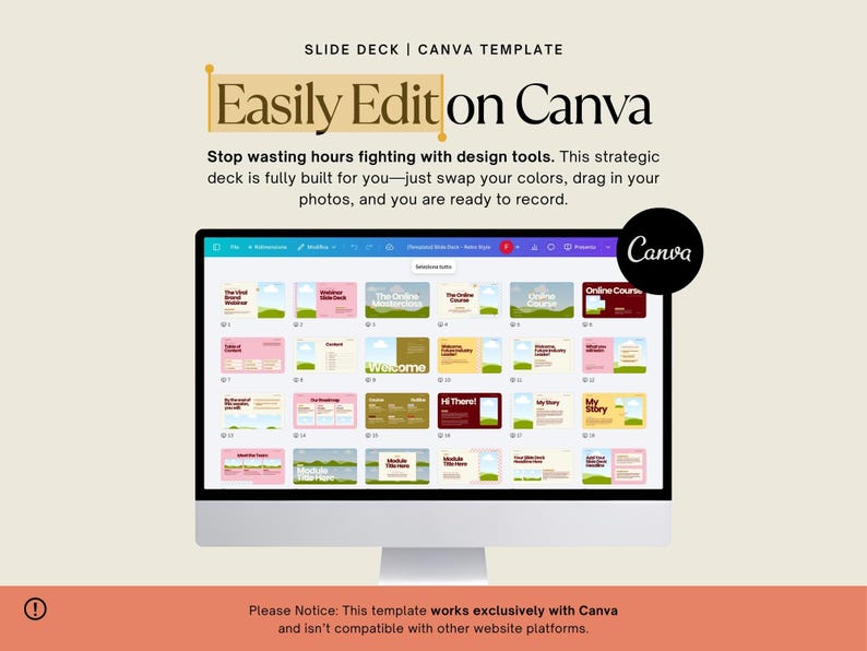 May include: A computer monitor displays a Canva template slide deck. The screen shows various slide designs with text that reads "Easily Edit on Canva." The Canva logo is visible. The text at the top says "Slide Deck | Canva Template."