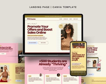 Modelo de página de vendas no Canva | Modelo de página de destino retrô para sites | Criador de cursos, funis de vendas, coaches, marketing, lançamento de cursos online