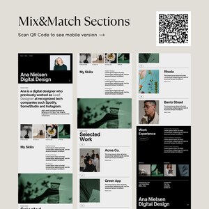 May include: A black and white image of a woman's portfolio website. The website features a photo of the woman, a list of her skills, and a section highlighting her work experience. The website also includes a QR code that can be scanned to view a mobile version of the site.
