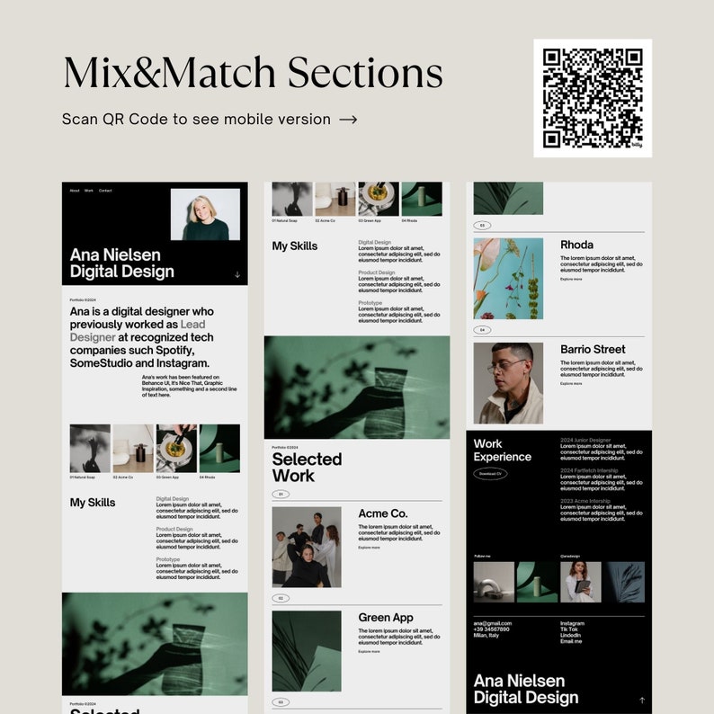 May include: A black and white image of a woman's portfolio website. The website features a photo of the woman, a list of her skills, and a section highlighting her work experience. The website also includes a QR code that can be scanned to view a mobile version of the site.