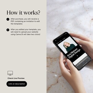 May include: A mobile phone displaying a website for Ana Nielsen Digital Design. The website has a menu with the options About, Work, and Contact. The website also features a photo of Ana Nielsen.