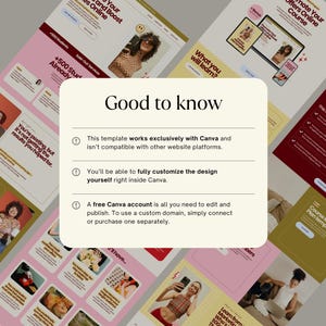 May include: A promotional graphic with a light pink and yellow color scheme. The image features website mockups, a tablet, and a phone displaying online course content. Text includes "Good to know" and details about Canva templates.