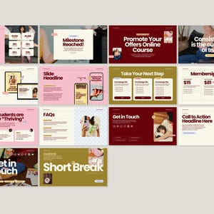 May include: A collection of digital presentation slides with a pink, burgundy, and cream color scheme. The slides feature text such as "Your Numbers Headline," "Milestone Reached!," and "Promote Your Offers Online Course."