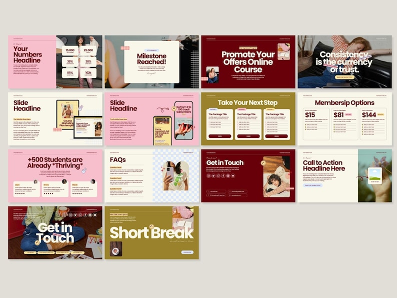 May include: A collection of digital presentation slides with a pink, burgundy, and cream color scheme. The slides feature text such as "Your Numbers Headline," "Milestone Reached!," and "Promote Your Offers Online Course."