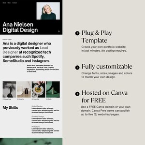 May include: A website template for digital designers, featuring a woman with short brown hair wearing a white shirt and a black blazer. The template is described as "Plug & Play", "Fully Customizable", and "Hosted on Canva for FREE".