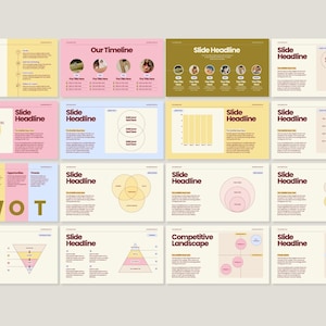 May include: A collection of presentation slides with a consistent design. Each slide features a light beige background with pink, blue, and olive green accents. The slides include charts, diagrams, and text, with the words "SWOT" and "Our Timeline" visible.