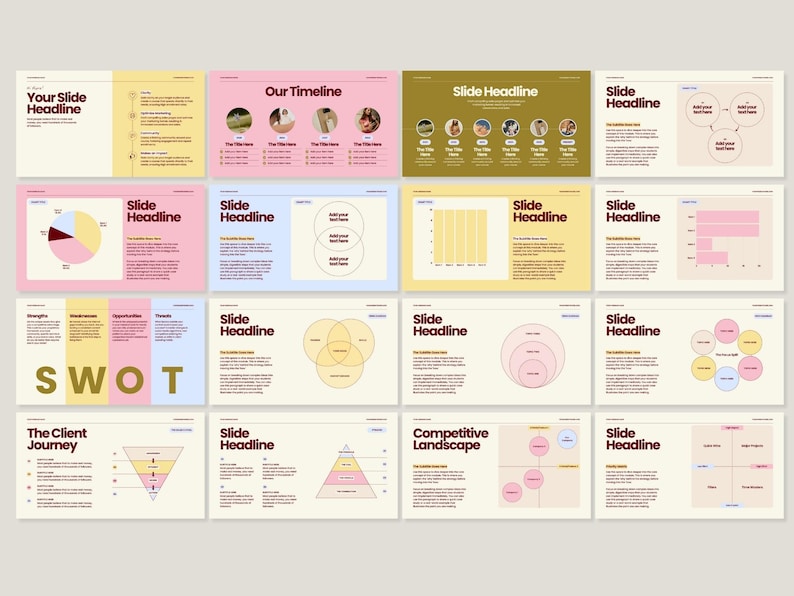 May include: A collection of presentation slides with a consistent design. Each slide features a light beige background with pink, blue, and olive green accents. The slides include charts, diagrams, and text, with the words "SWOT" and "Our Timeline" visible.