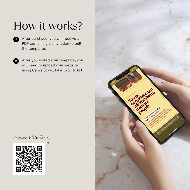 May include: A smartphone displays a website preview with the text "You're consistent, but still invisible to the right people." The image also includes instructions on how to edit templates and a QR code for a website preview.