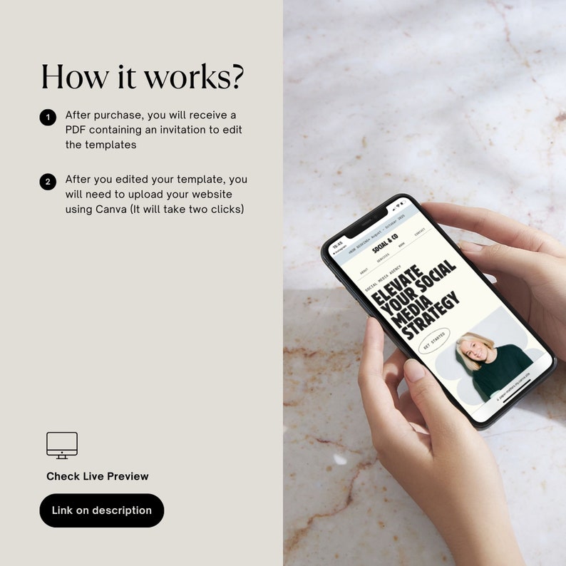 Canva-webbmall för sociala mediebyråer, landningssida för sociala medieansvariga, portfoliomall för marknadsföringsbyråer, webbplats med en sida bild 8