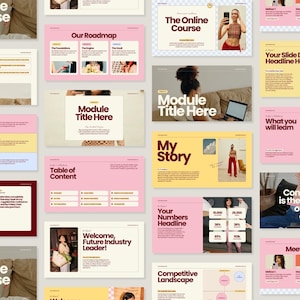 May include: A collection of pink, yellow, and white presentation slides with text such as "Online Course", "Our Roadmap", and "Module Title Here". The slides feature images of people and charts.