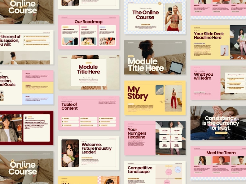 May include: A collection of pink, yellow, and white presentation slides with text such as "Online Course", "Our Roadmap", and "Module Title Here". The slides feature images of people and charts.