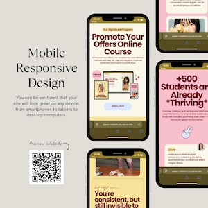 May include: A mobile responsive design concept is displayed on several smartphones. The screens showcase a course titled "Promote Your Offers Online Course" and a QR code for website preview. The design is optimized for various devices.