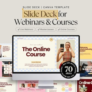 Op de afbeelding: Een computerscherm toont een sjabloon voor een slidedeck voor webinars en online cursussen. Het ontwerp bevat de tekst "Slide Deck for Webinars & Courses" en "The Online Course". De sjabloon biedt 70 dia's met mix-en-match pagina's.