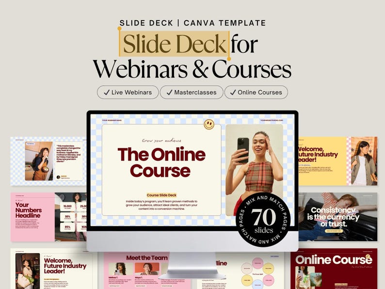 May include: A computer screen displays a slide deck template for webinars and online courses. The design includes the text "Slide Deck for Webinars & Courses" and "The Online Course." The template offers 70 slides with mix and match pages.