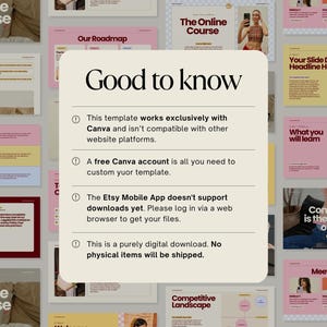 May include: A digital template for an online course, with a light beige background and pink and yellow accents. The design includes the text "Good to know" with key information about the template, and other slides with headlines like "Our Roadmap" and "What you will learn."