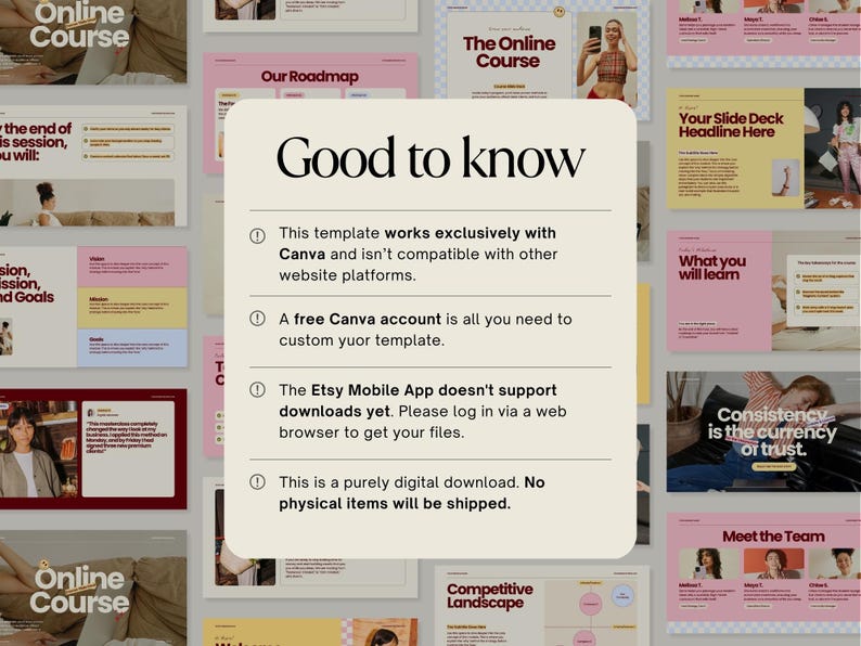 May include: A digital template for an online course, with a light beige background and pink and yellow accents. The design includes the text "Good to know" with key information about the template, and other slides with headlines like "Our Roadmap" and "What you will learn."