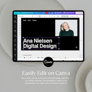 May include: A screenshot of a Canva design template for a website. The template features a black background with white text that reads "Ana Nielsen Digital Design" and "Portfolio &copy;2024". A woman is pictured in the top right corner of the screen.