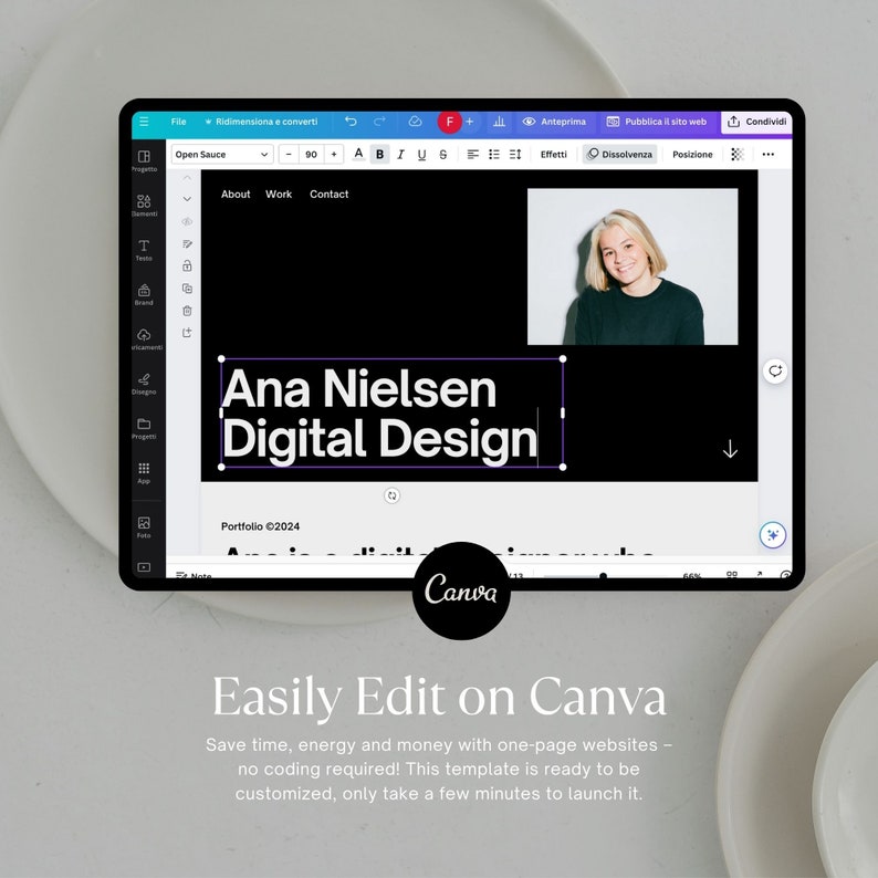 May include: A screenshot of a Canva design template for a website. The template features a black background with white text that reads "Ana Nielsen Digital Design" and "Portfolio &copy;2024". A woman is pictured in the top right corner of the screen.