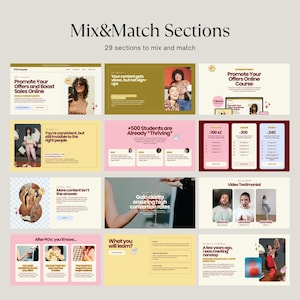 May include: A promotional graphic with the title "Mix & Match Sections" and the subtitle "29 sections to mix and match." The graphic includes various sections with text and images, such as "Promote Your Offers Online Course" and "+500 Students are Already Thriving."