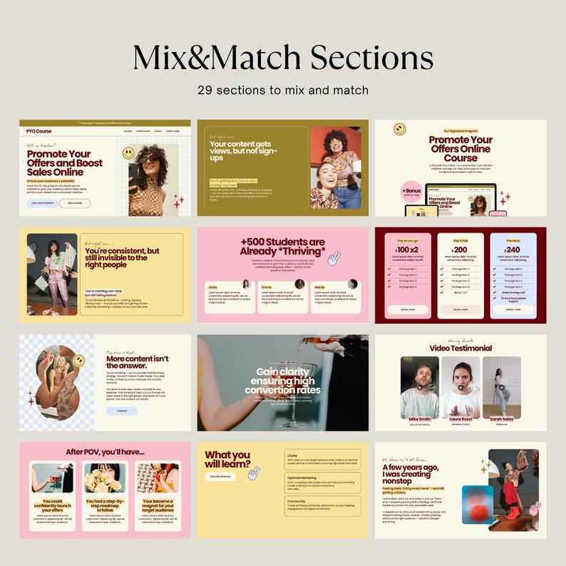 May include: A promotional graphic with the title "Mix & Match Sections" and the subtitle "29 sections to mix and match." The graphic includes various sections with text and images, such as "Promote Your Offers Online Course" and "+500 Students are Already Thriving."