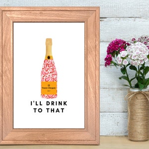 College Decor Pink Printed Veuve Clicquot Bottle Digital Wall Art