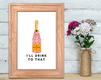 College Decor Pink Printed Veuve Clicquot Bottle Digital Wall Art