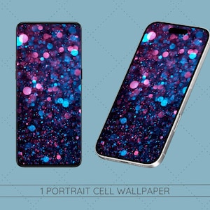 May include: Two smartphones with a vibrant wallpaper featuring a pattern of pink and blue bokeh dots against a dark background. The phones are displayed on a light blue surface with a dotted pattern. Text at the bottom reads "1 PORTRAIT CELL WALLPAPER."