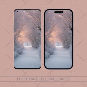 May include: A wintery scene with a snowy path leading through a forest of trees covered in snow. The path is illuminated by a soft, golden light.