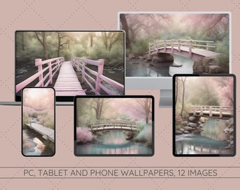 May include: A set of 12 digital wallpapers featuring a pink wooden bridge over a stream in a misty forest. The images are designed for use on a computer, tablet, or phone.