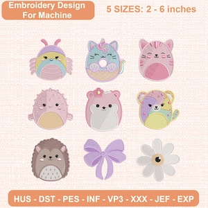 May include: An embroidery design for machine featuring nine icons: a rainbow bug, a unicorn cat donut, a pink cat, a pufferfish, a bear with a flower, a colorful bear, a hedgehog, a purple bow, and a daisy. Text reads: Embroidery Design For Machine, 5 SIZES: 2 - 6 inches, HUS - DST - PES - INF - VP3 - XXX - JEF - EXP.