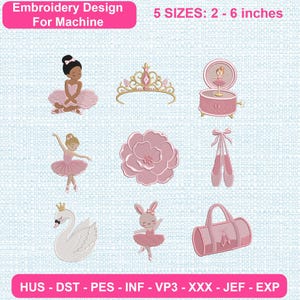 Ballet Princess Embroidery Design Set Ballerina Tiara Swan Music Box Flower Slippers Bag Patch
