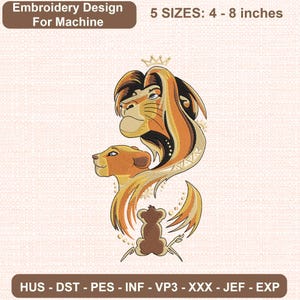 Może przedstawiać: Wzór haftu maszynowego przedstawiający stylizowanego lwa i lwicę z małą koroną nad głową lwa. Tekst zawiera Embroidery Design For Machine, 5 SIZES: 10,16 - 20,32 cm, HUS - DST - PES - INF - VP3 - XXX - JEF - EXP.