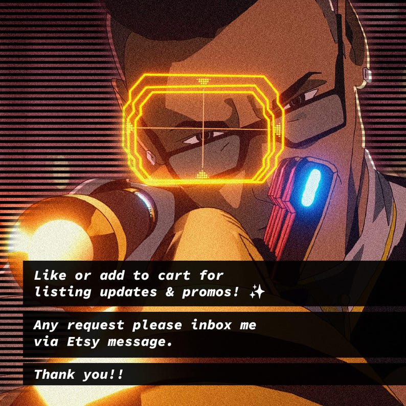May include: An illustration of a person with glasses and a targeting reticle overlay. The image includes text that reads, "Like or add to cart for listing updates & promos!" and "Any request please inbox me via Etsy message."