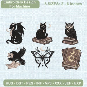 Pode incluir: Um conjunto de designs de bordado digital com seis ilustrações a preto e branco: um dragão, um gato num livro, uma coruja em livros, um corvo com uma carta, uma borboleta e um livro fechado. Texto: Embroidery Design For Machine.