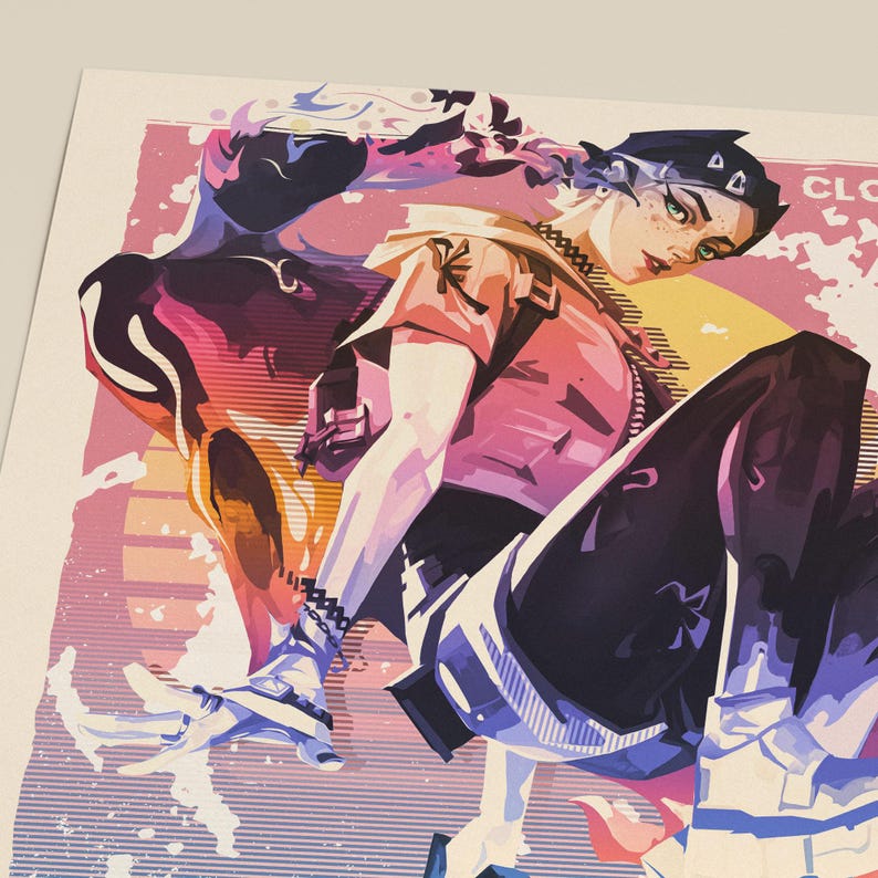 May include: A digital art print featuring a stylized illustration of a person in a dynamic pose. The artwork uses a vibrant color palette of pink, orange, purple, and blue. The person is wearing a black bandana, a peach-colored hoodie, and black pants.
