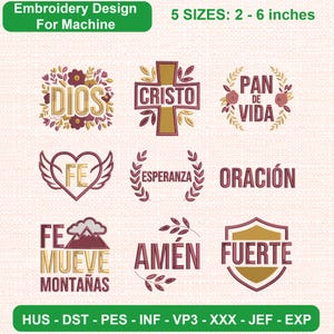 Spanish Faith Embroidery Designs: Dios, Cristo, Fe, Esperanza, Oracion (2-6 inches)