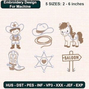 Könnte beinhalten: Maschinenstickerei-Design-Set mit einem Cowboy, Hut, Lasso, Pferd, Stiefel, Sternabzeichen mit Herz und einem Schild mit der Aufschrift SALOON. Text: Embroidery Design For Machine, 5 SIZES: 5 - 15 cm, Dateiformate HUS, DST, PES, INF, VP3, XXX, JEF, EXP.