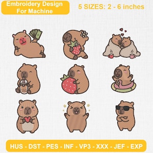 Op de afbeelding: Een digitaal borduurontwerp met negen bruine capybara-illustraties. De tekst luidt Embroidery Design For Machine, 5 SIZES: 5 - 15 cm, en HUS - DST - PES - INF - VP3 - XXX - JEF - EXP. De capybara's worden getoond met items zoals geld, aardbeien, dekens, boba-thee, een zwemband, een hart en een zonnebril.